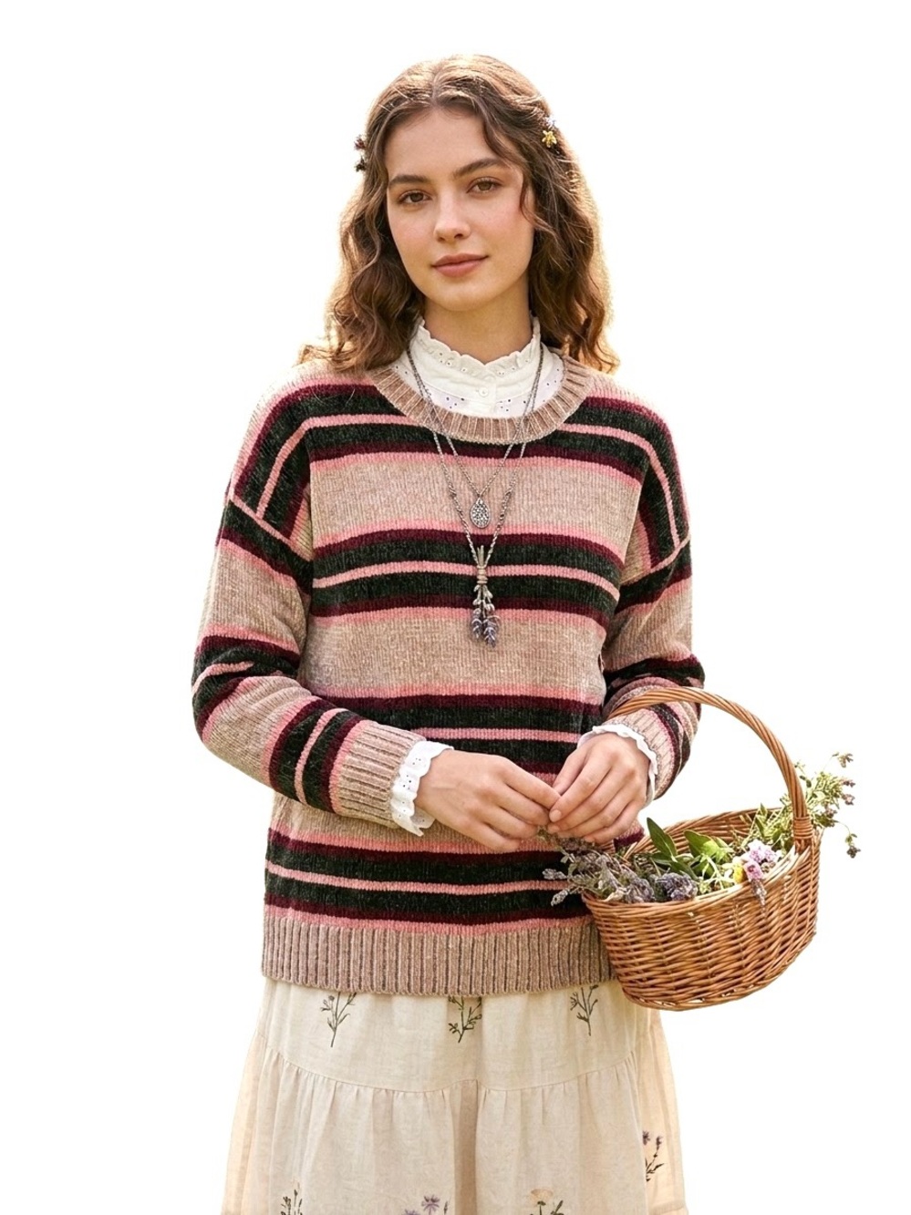 Y2K Boho Chenille Stripes Crewneck Sweater Goblincore Earthy Retro Cottagecore